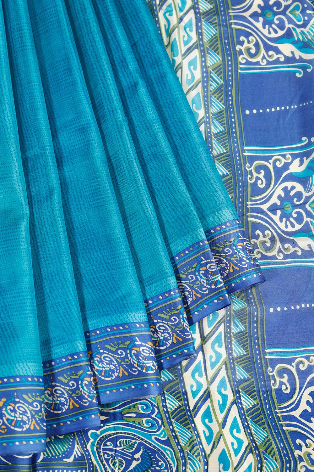 Peacock Blue Printed Silk Saree   11154699 02001 020 1 